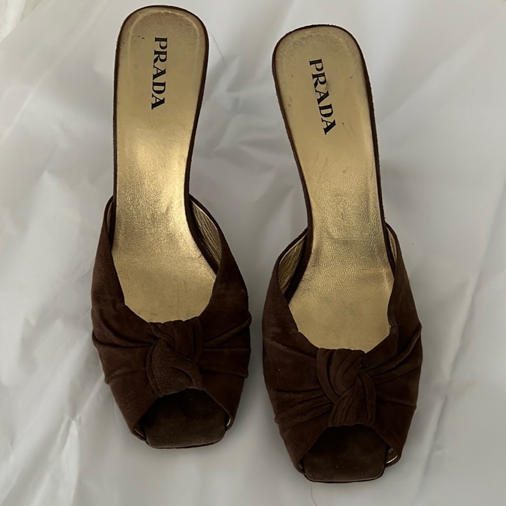 Prada brown suede open toe mules in size 40/10.